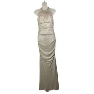 XScape High Neck Halter Metallic Champagne Ruched Formal Gown 4